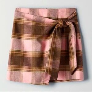 Aritzia WILFRED | New Wrap Front Wool Mini Skirt Pink Brown Plaid | Size 10